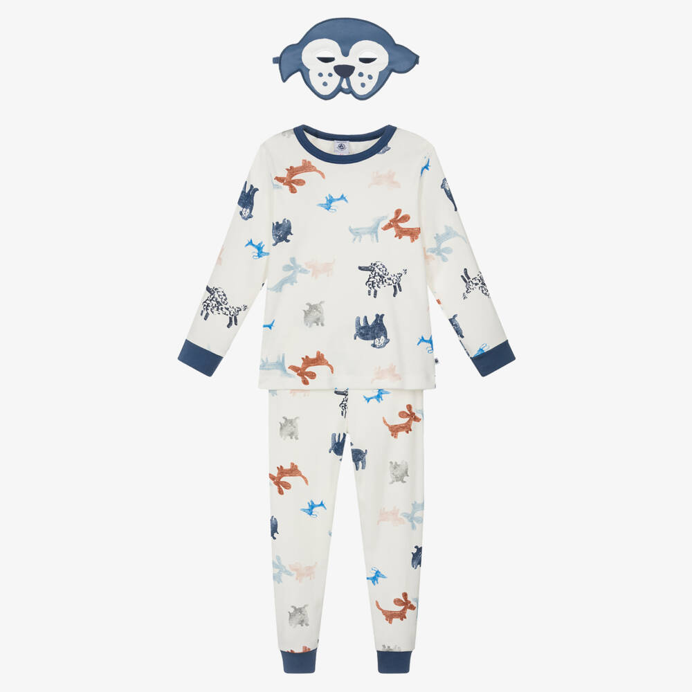 Petit Bateau-Boys Ivory & Blue Dog Print Pyjamas with Mask | Childrensalon