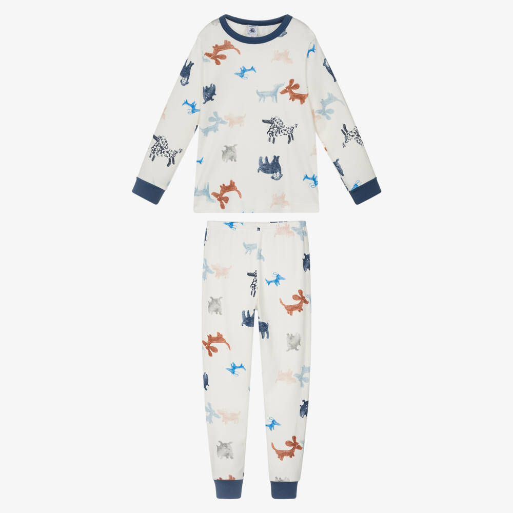 Petit Bateau-Boys Ivory & Blue Dog Print Pyjamas with Mask | Childrensalon