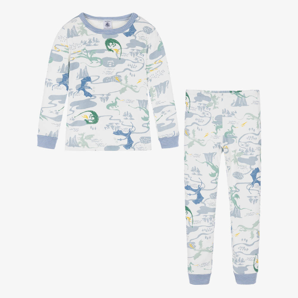 Petit Bateau-Boys Ivory & Blue Dragon Print Cotton Pyjamas | Childrensalon