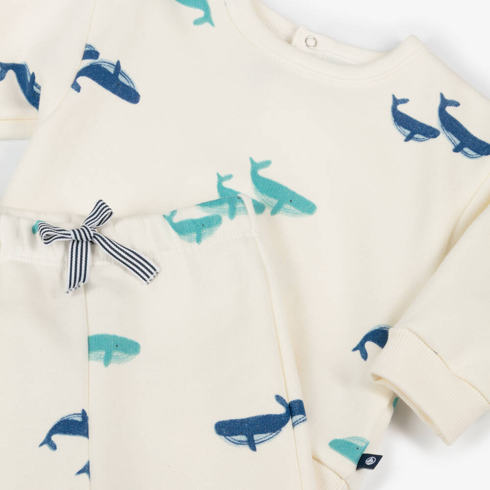 Petit Bateau-Спортивный костюм кремовый из хлопкового трикотажа с синими китами для мальчиков | Childrensalon
