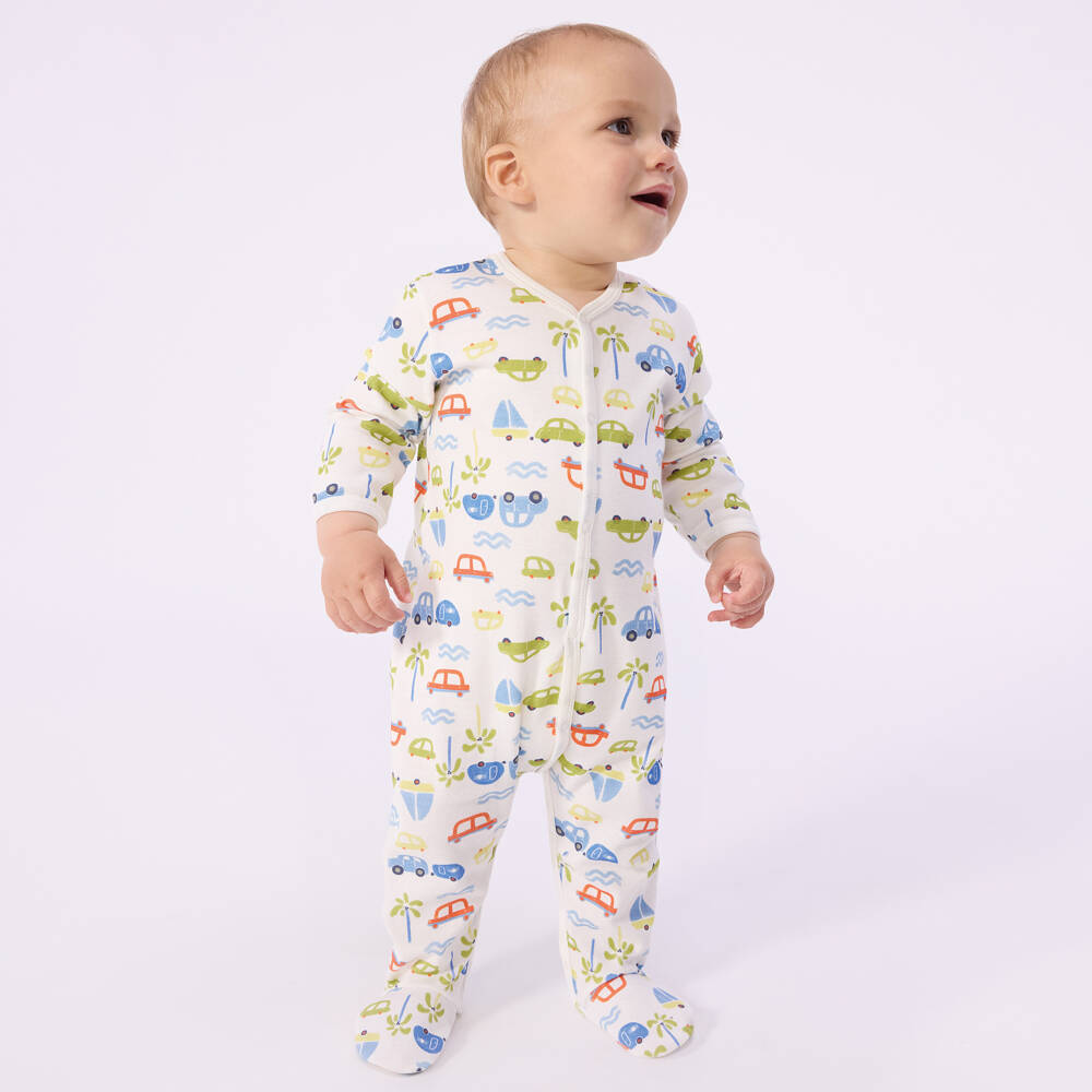 Petit Bateau-Boys Ivory Cotton Babygrow with Colourful Car Print | Childrensalon