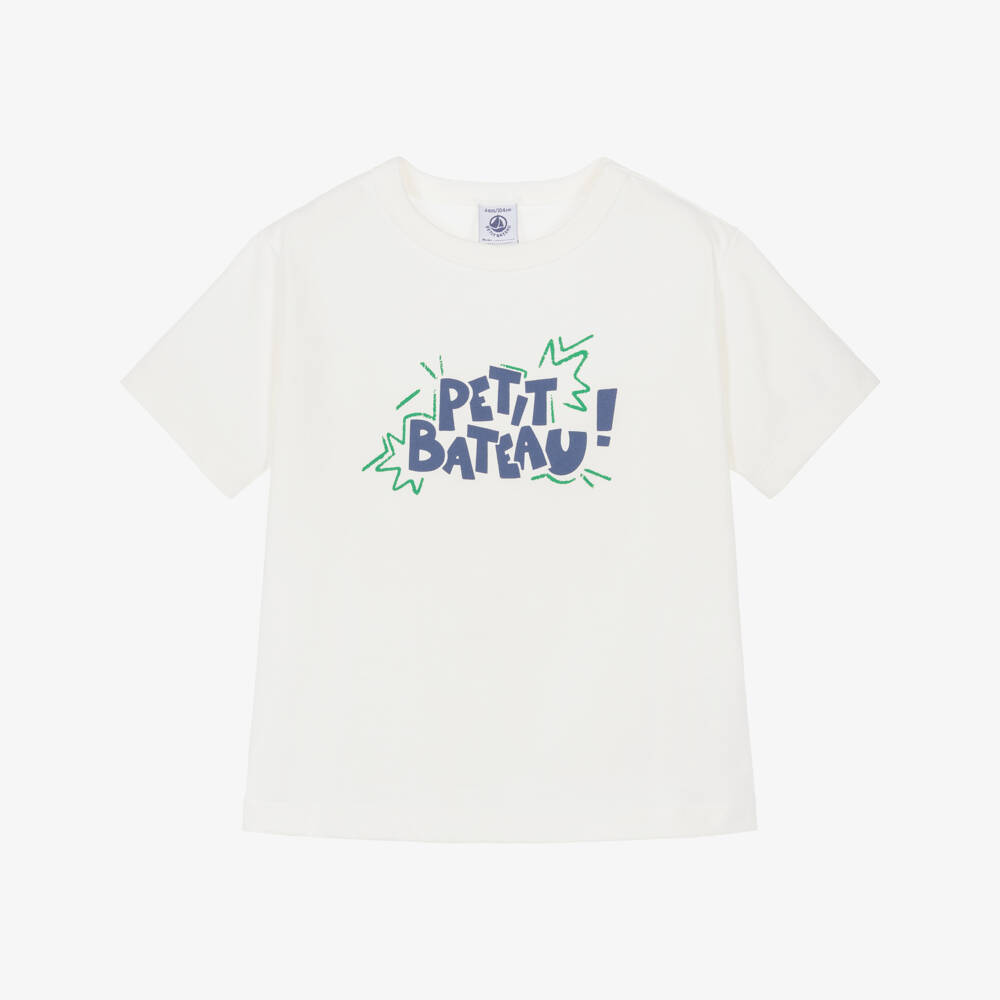 Petit Bateau-Boys Ivory Cotton Jersey T-Shirt with Navy Blue Logo Graphic | Childrensalon