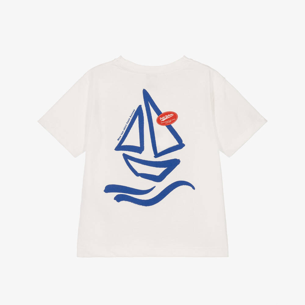 Petit Bateau-Boys Ivory Cotton Sailboat Logo T-Shirt | Childrensalon