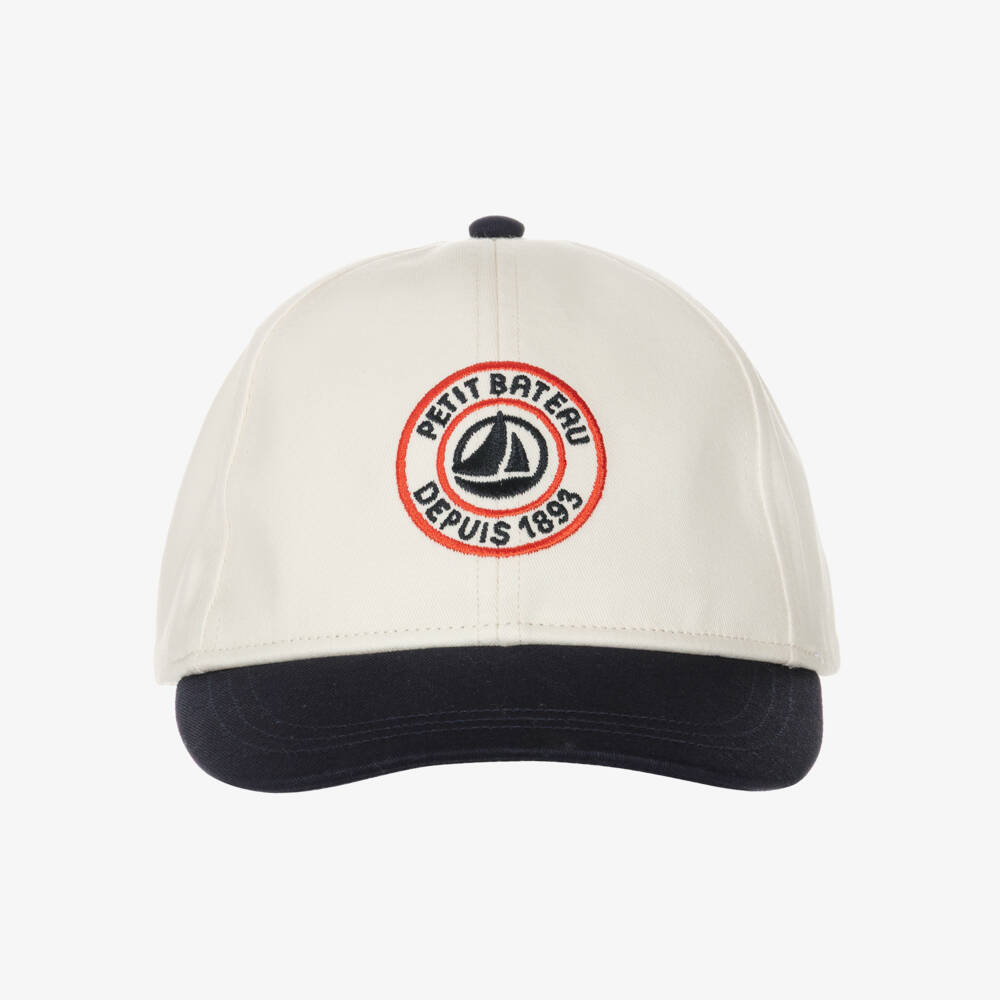 Petit Bateau-Boys Ivory Cotton Twill Cap with Navy Blue Peak | Childrensalon