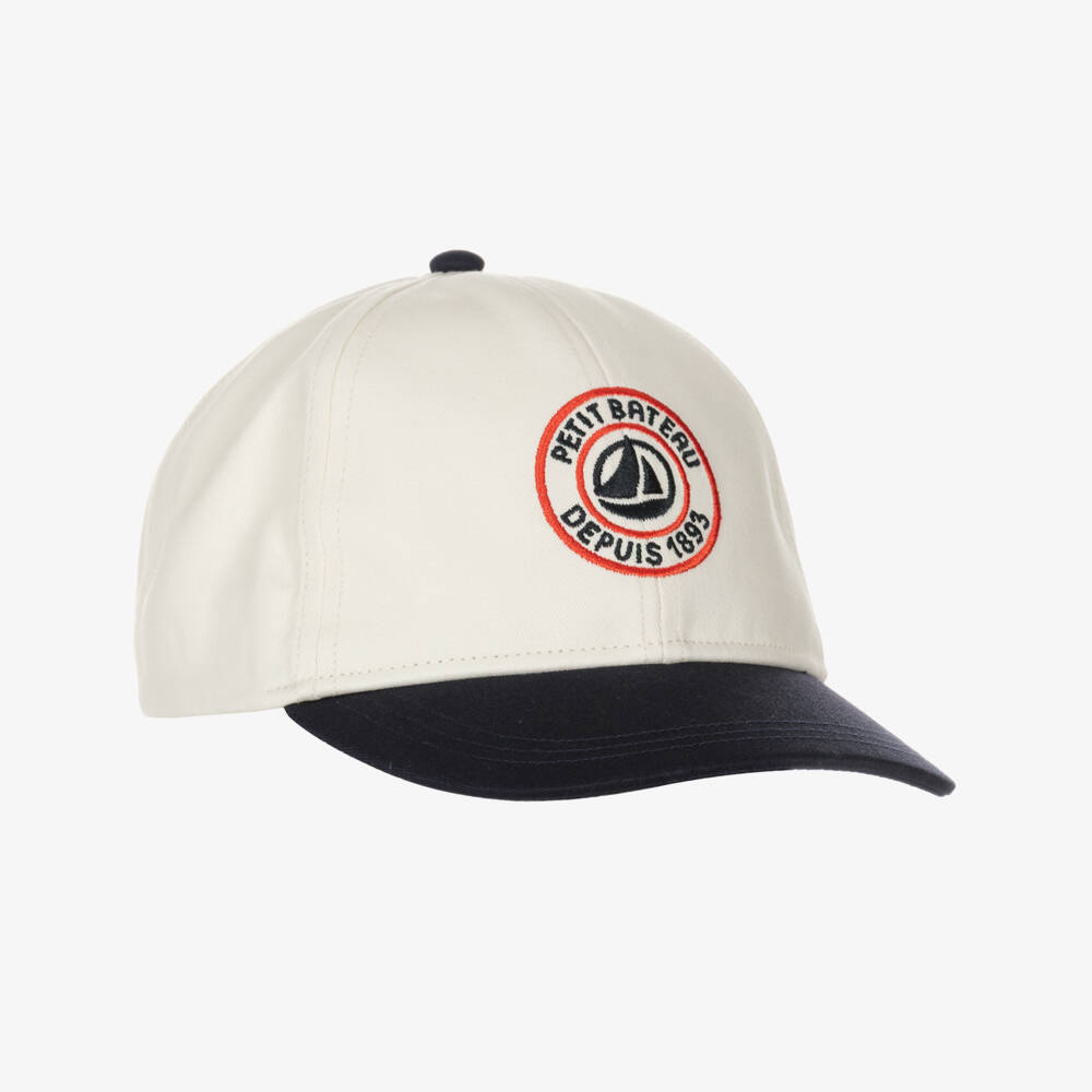 Petit Bateau-Boys Ivory Cotton Twill Cap with Navy Blue Peak | Childrensalon