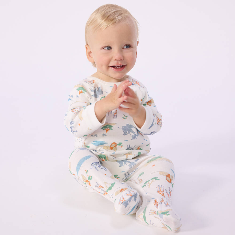 Petit Bateau-Boys Ivory Cotton Zip-Up Babygrow with Safari Animal Print | Childrensalon