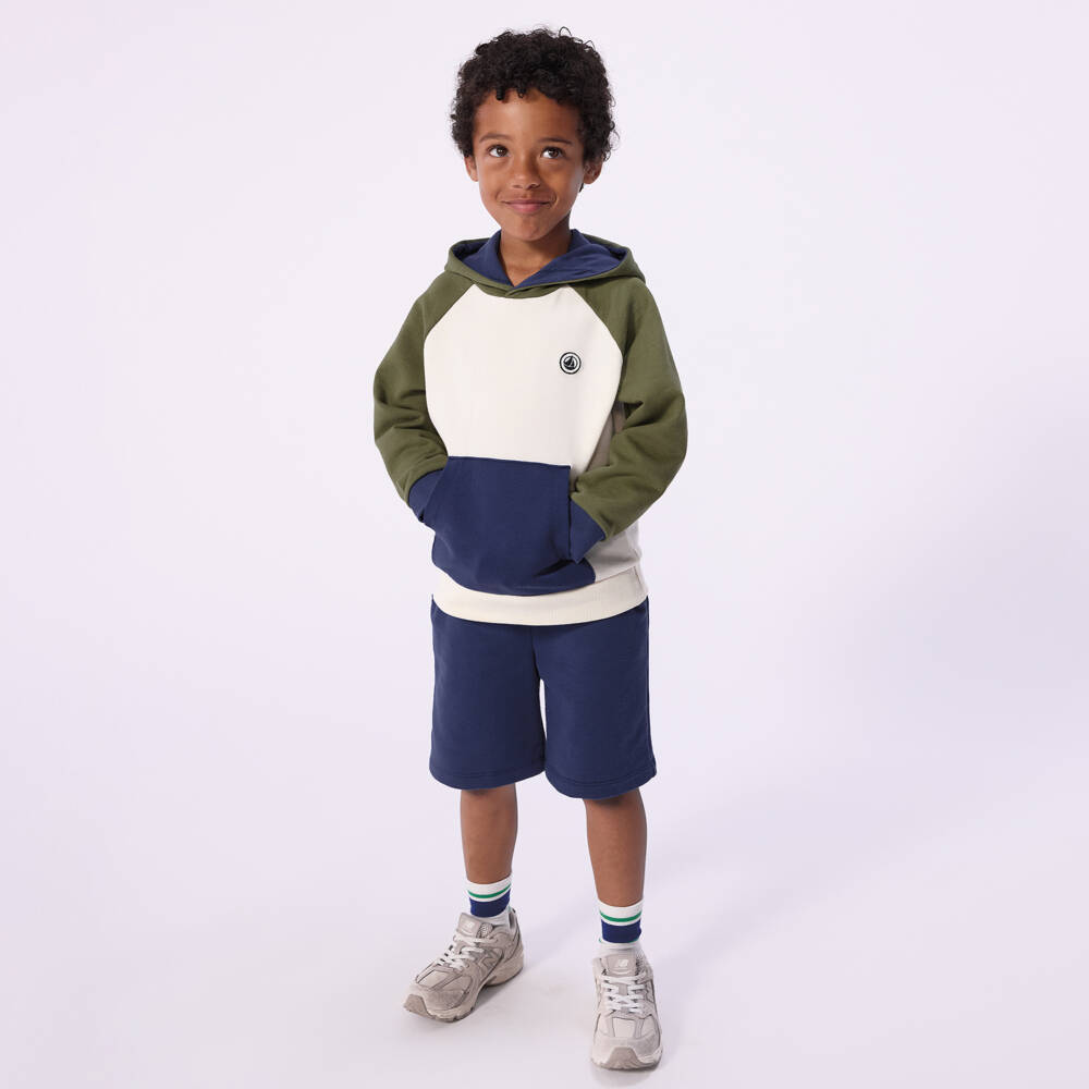 Petit Bateau-Boys Ivory & Green Colourblock Cotton Hoodie | Childrensalon