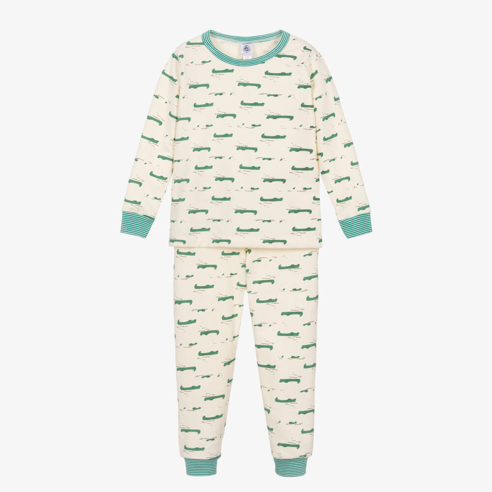 Petit Bateau-Boys Ivory & Green Cotton Crocodile Print Long Pyjamas | Childrensalon