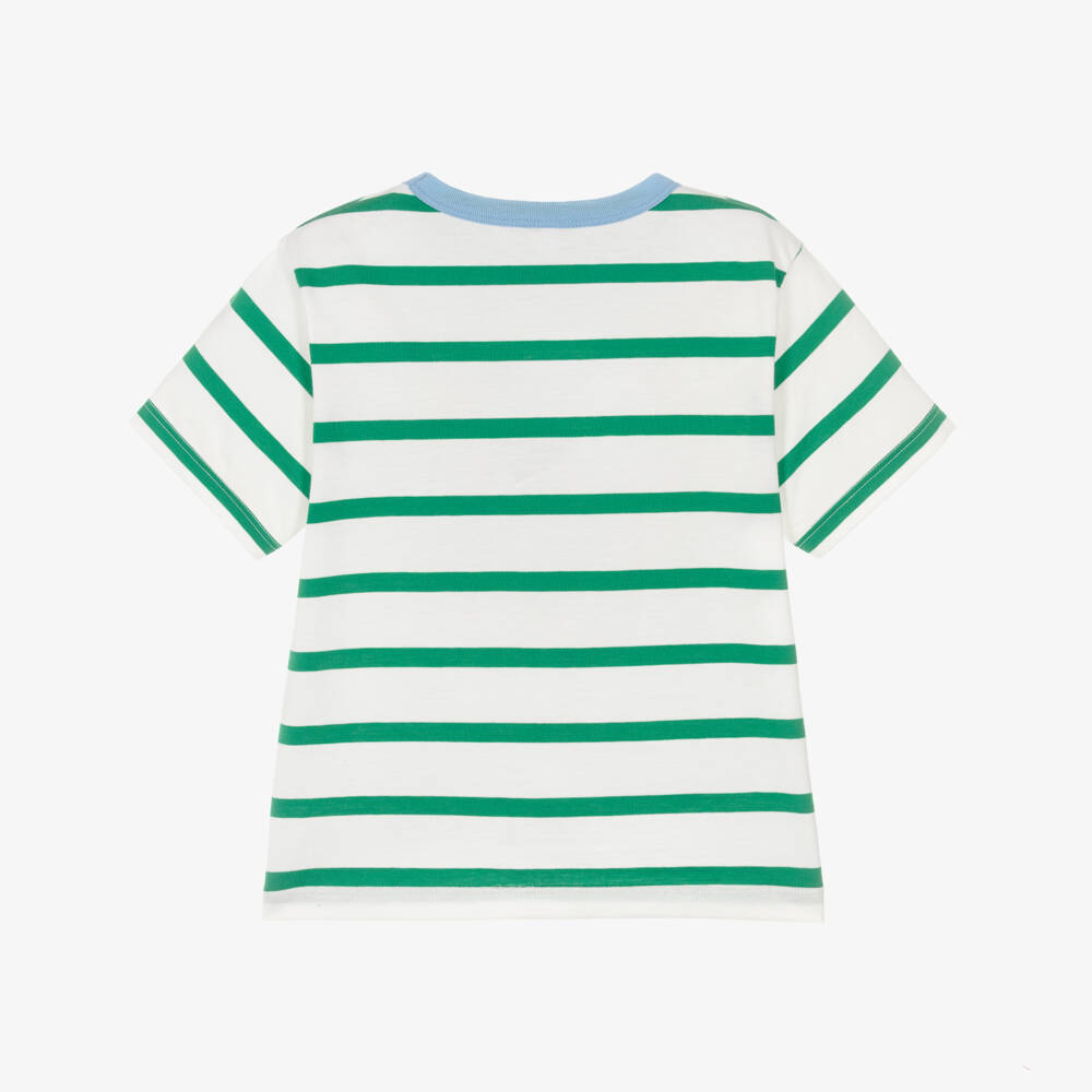Petit Bateau-Boys Ivory & Green Striped Cotton T-Shirt | Childrensalon