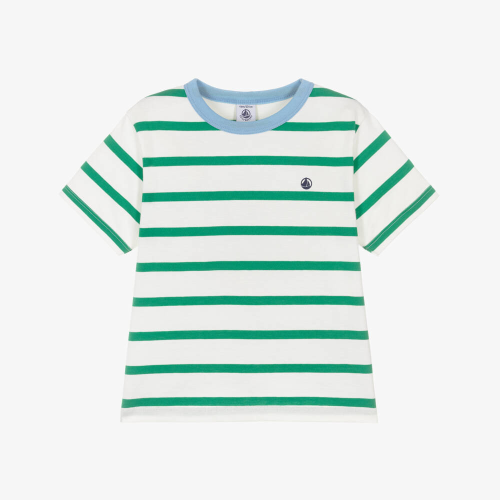 Petit Bateau-Boys Ivory & Green Striped Cotton T-Shirt | Childrensalon