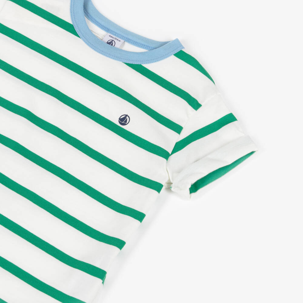Petit Bateau-Boys Ivory & Green Striped Cotton T-Shirt | Childrensalon