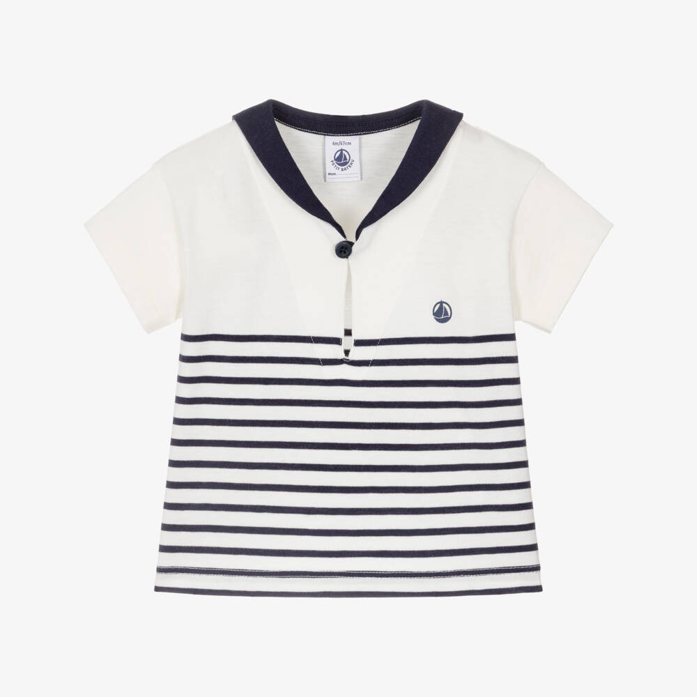 Petit Bateau-Boys Ivory & Navy Blue Striped Cotton Sailor Top | Childrensalon