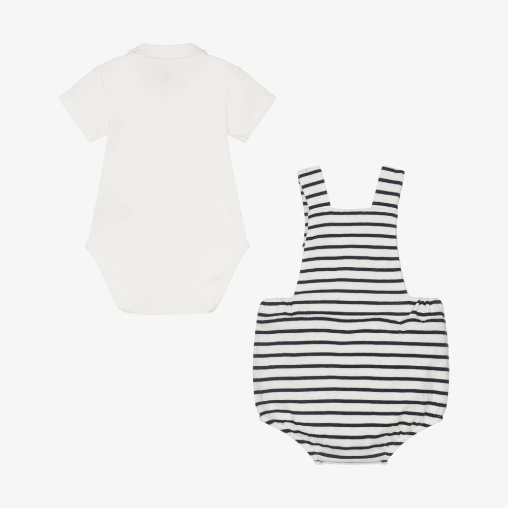 Petit Bateau-طقم بيبي سوت قطن مقلم لون كريمي وكحلي للأولاد | Childrensalon