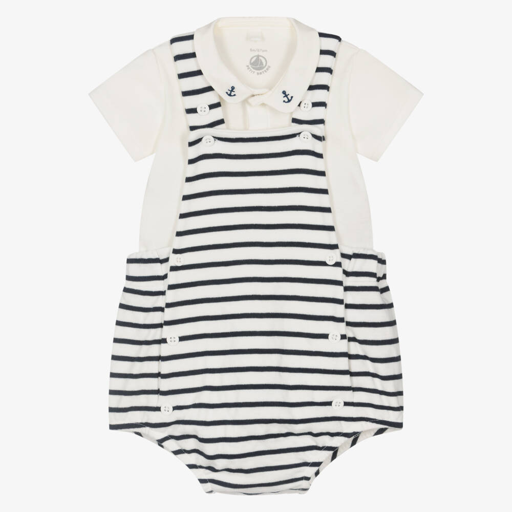 Petit Bateau-طقم بيبي سوت قطن مقلم لون كريمي وكحلي للأولاد | Childrensalon