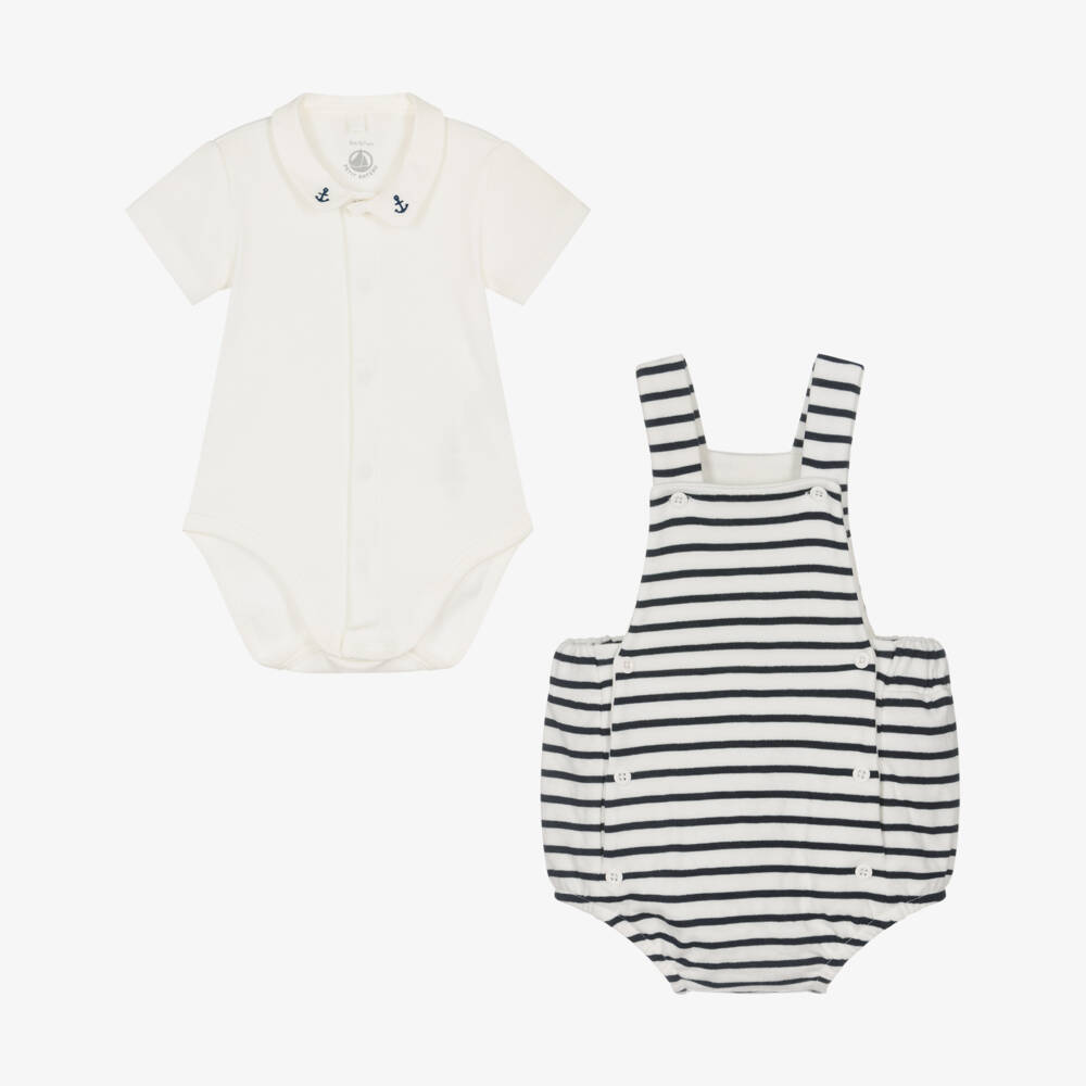 Petit Bateau-طقم بيبي سوت قطن مقلم لون كريمي وكحلي للأولاد | Childrensalon