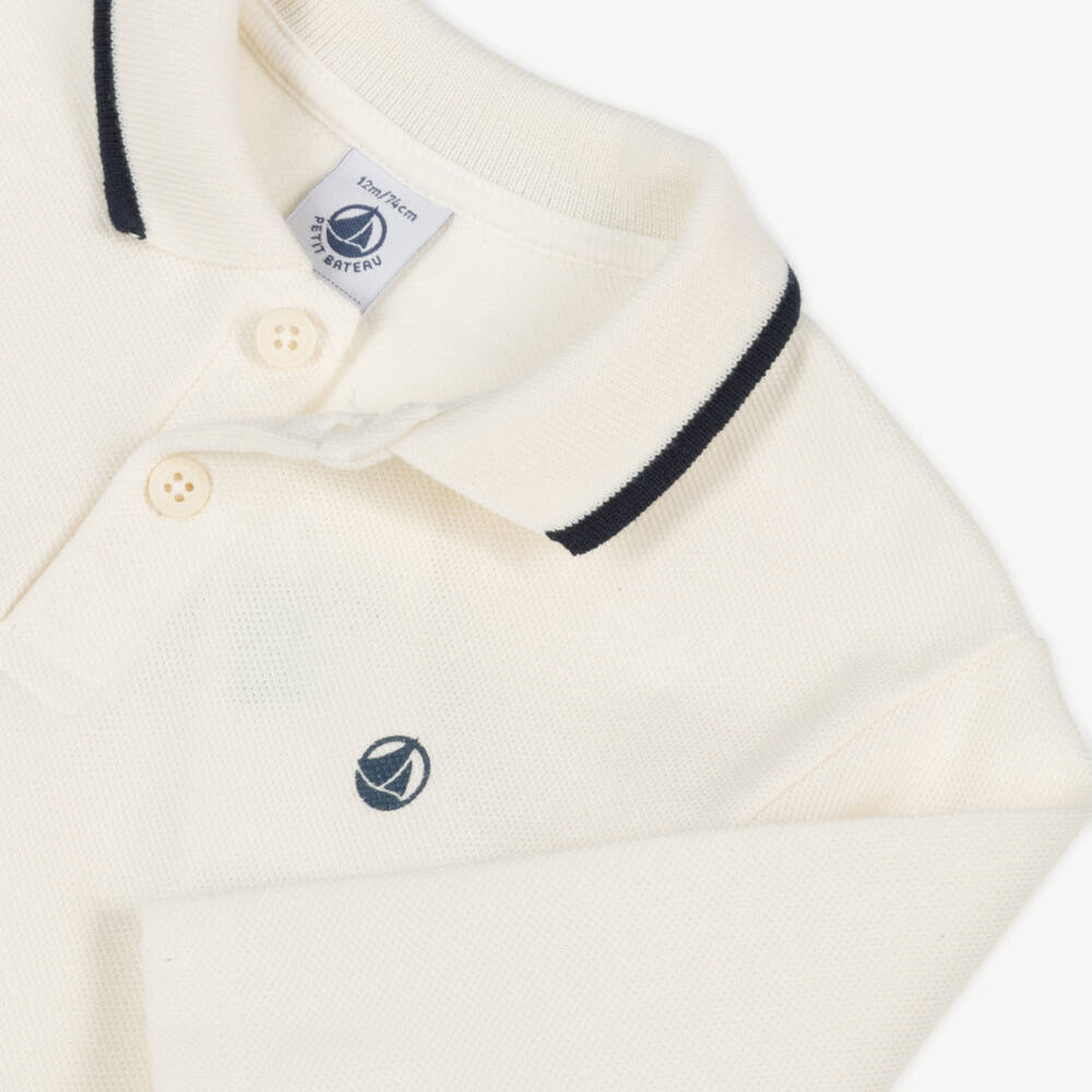 Petit Bateau-Boys Ivory Organic Cotton Piqué Polo Top | Childrensalon