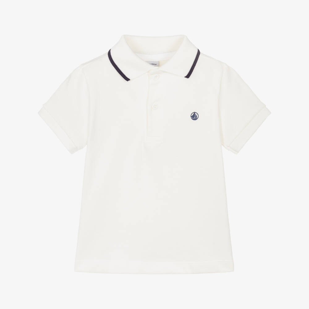 Petit Bateau-Boys Ivory Polo Shirt with Navy Blue Trim | Childrensalon