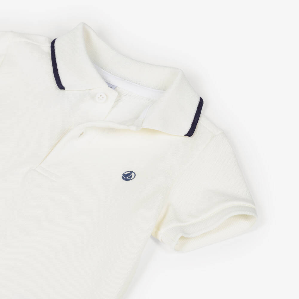Petit Bateau-Boys Ivory Polo Shirt with Navy Blue Trim | Childrensalon