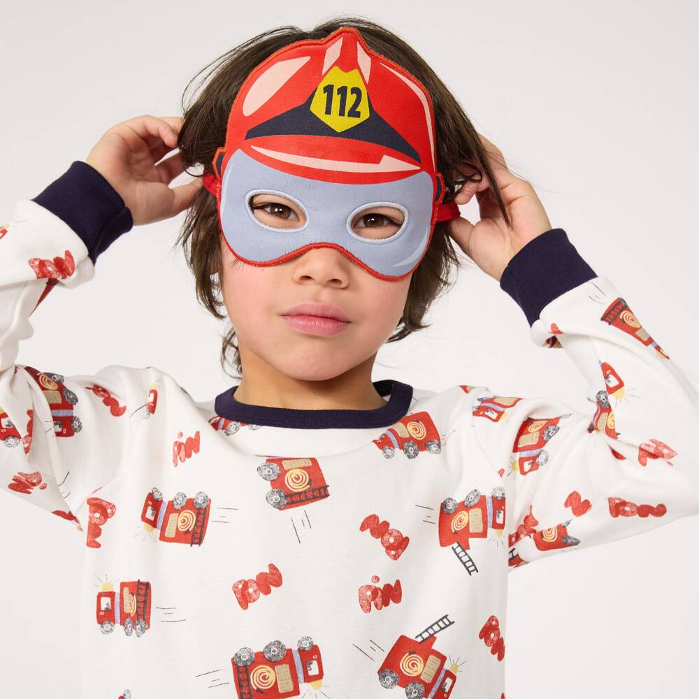 Petit Bateau-Boys Ivory & Red Fire Engine Print Pyjamas with Mask | Childrensalon