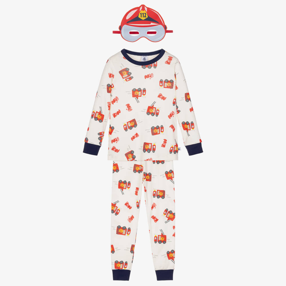 Petit Bateau-Boys Ivory & Red Fire Engine Print Pyjamas with Mask | Childrensalon