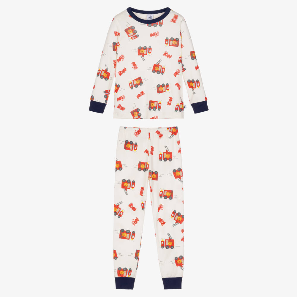 Petit Bateau-Boys Ivory & Red Fire Engine Print Pyjamas with Mask | Childrensalon