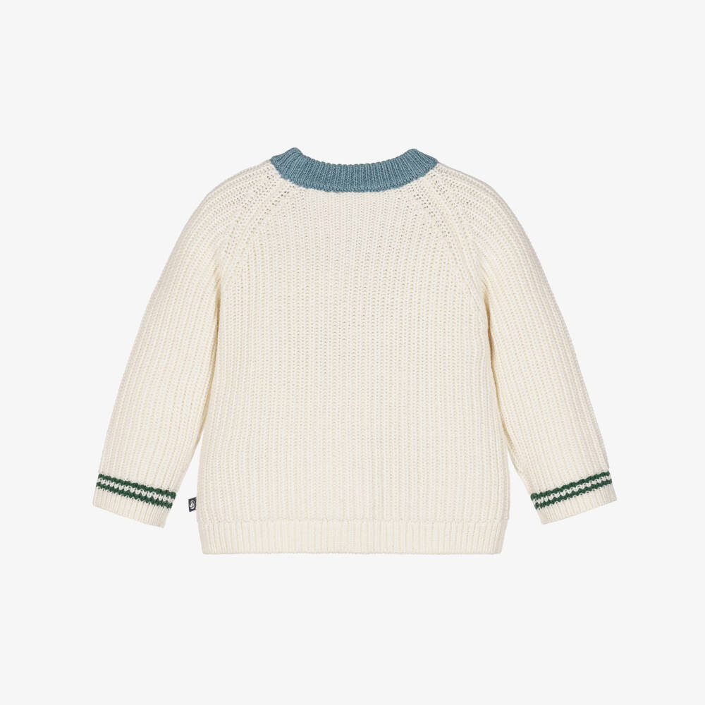 Petit Bateau-Boys Ivory Ribbed Knit Cardigan with Contrast Details | Childrensalon