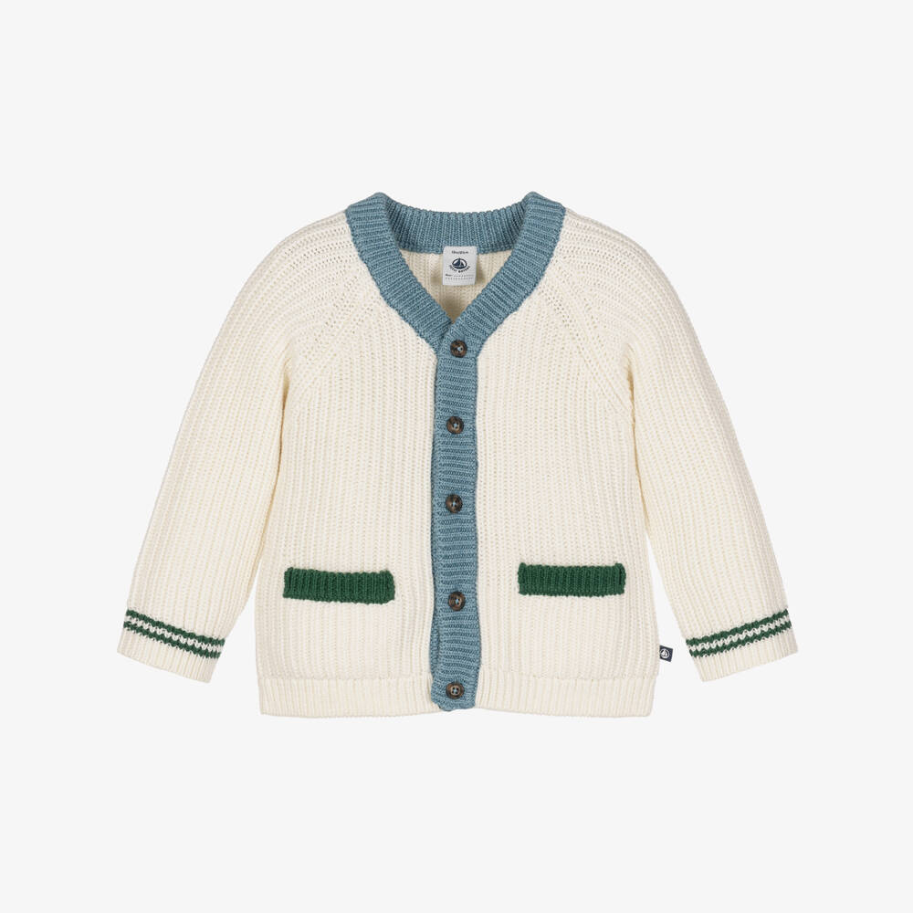 Petit Bateau-Boys Ivory Ribbed Knit Cardigan with Contrast Details  | Childrensalon