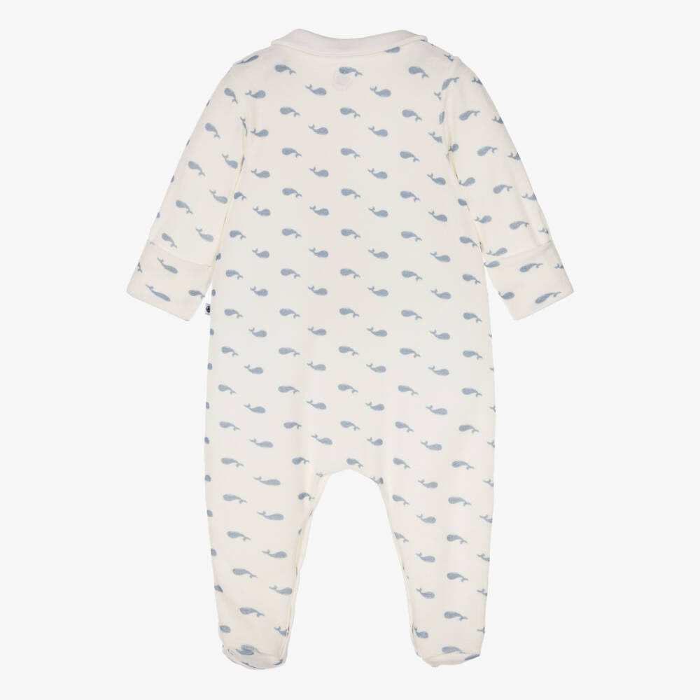 Petit Bateau-Boys Ivory Velour Whale Print Babygrow | Childrensalon