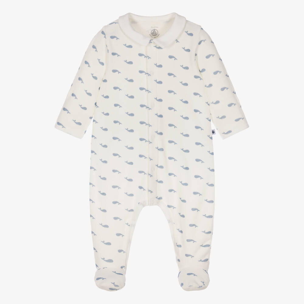 Petit Bateau-Boys Ivory Velour Whale Print Babygrow | Childrensalon