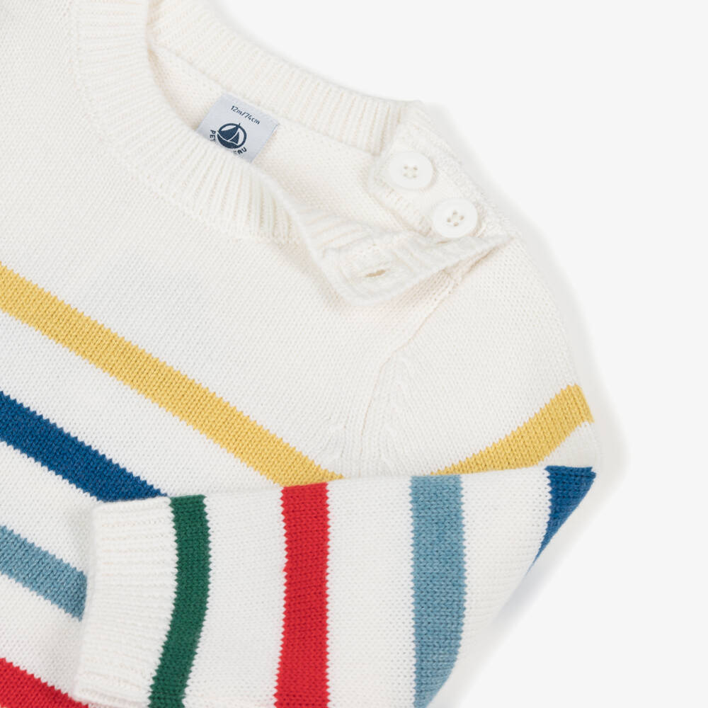 Petit Bateau-Boys Ivory Wool & Cotton Striped Sweater | Childrensalon