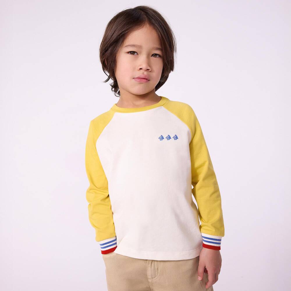 Petit Bateau-Boys Ivory & Yellow Colourblock Top in Organic Cotton | Childrensalon