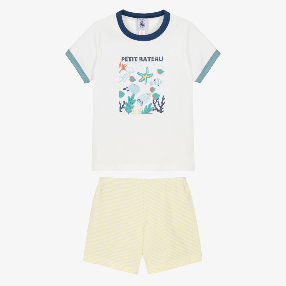 Petit Bateau-Boys Ivory & Yellow Cotton Short Pyjama with Ocean Print | Childrensalon