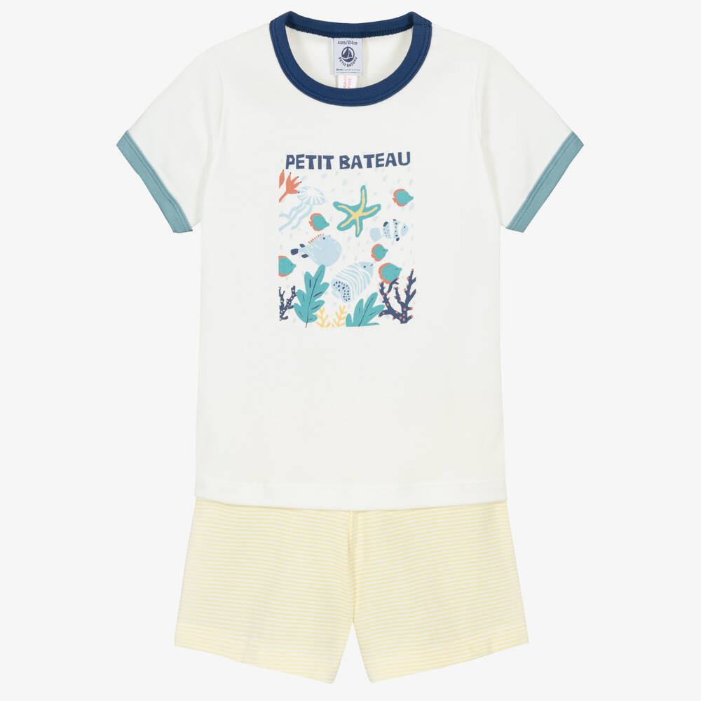 Petit Bateau-Boys Ivory & Yellow Cotton Short Pyjama with Ocean Print | Childrensalon