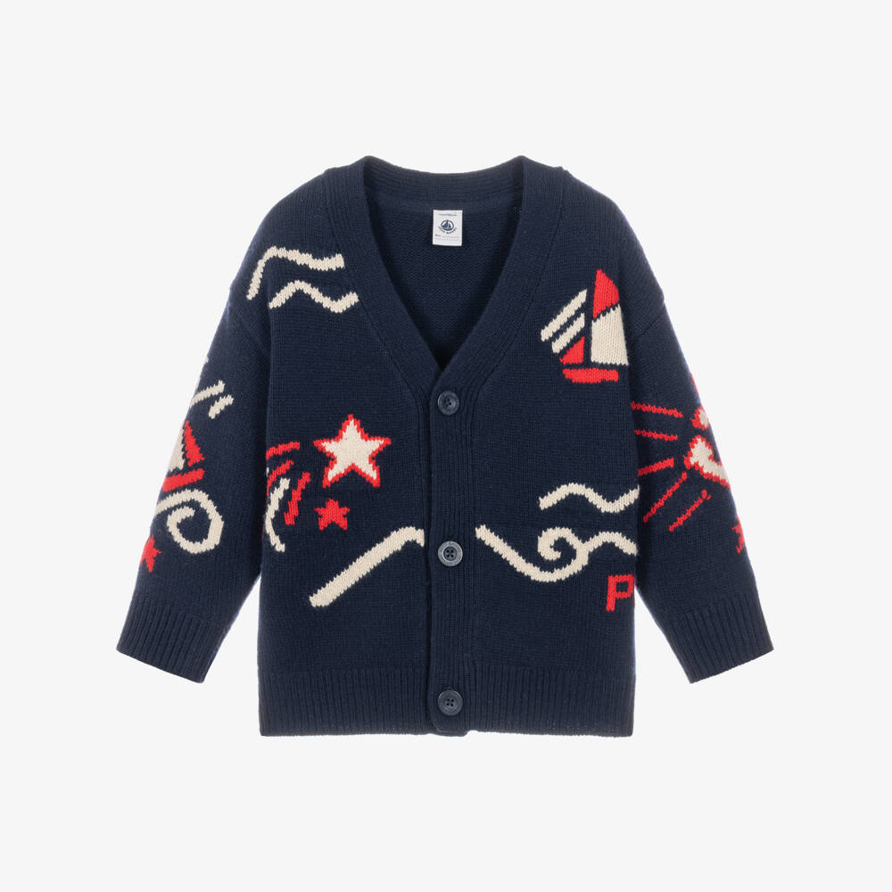 Petit Bateau-Boys Navy Blue Cardigan with Nautical Motifs | Childrensalon