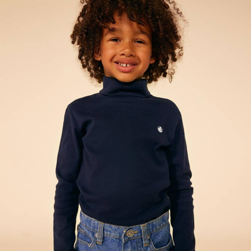 Petit Bateau-Boys Navy Blue Cotton Roll Neck Top | Childrensalon
