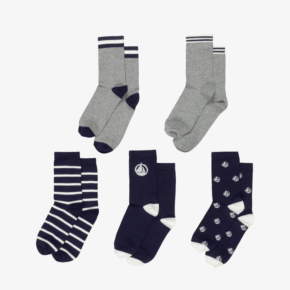 Petit Bateau-Boys Navy Blue & Grey Ankle Socks (5 Pack) | Childrensalon