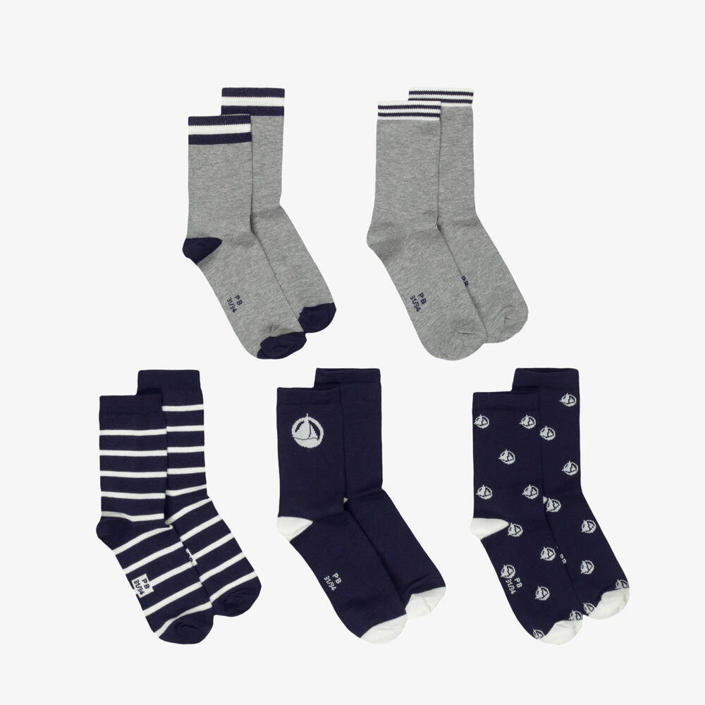 Petit Bateau-Boys Navy Blue & Grey Ankle Socks (5 Pack) | Childrensalon
