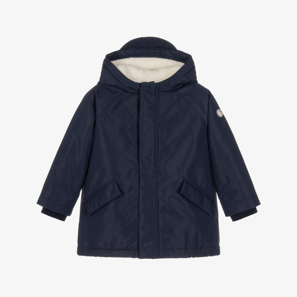 Petit Bateau-Boys Navy Blue Hooded Parka Coat with Fleece Lining | Childrensalon