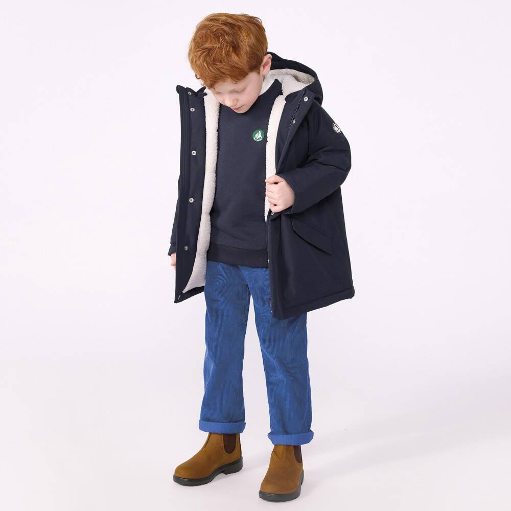 Petit Bateau-معطف باركا مبطن بشيربا فليس لون كحلي للأولاد | Childrensalon