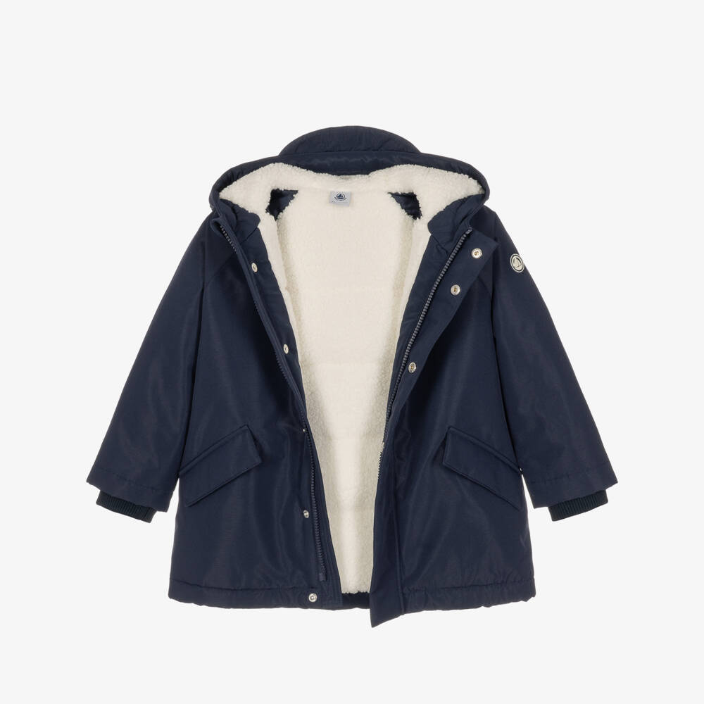 Petit Bateau-Boys Navy Blue Hooded Parka Coat with Fleece Lining | Childrensalon