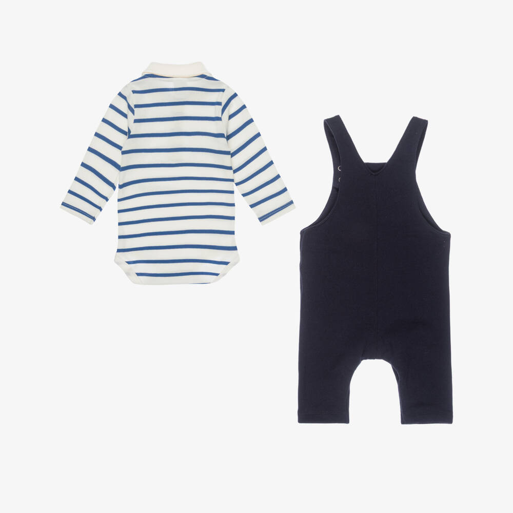 Petit Bateau-Boys Navy Blue & Ivory Striped Dungaree Set | Childrensalon