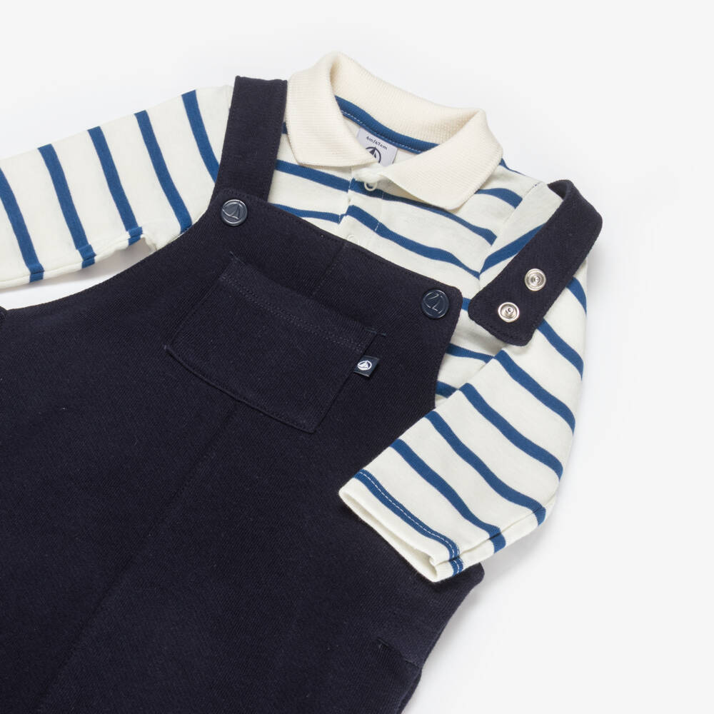 Petit Bateau-Boys Navy Blue & Ivory Striped Dungaree Set | Childrensalon