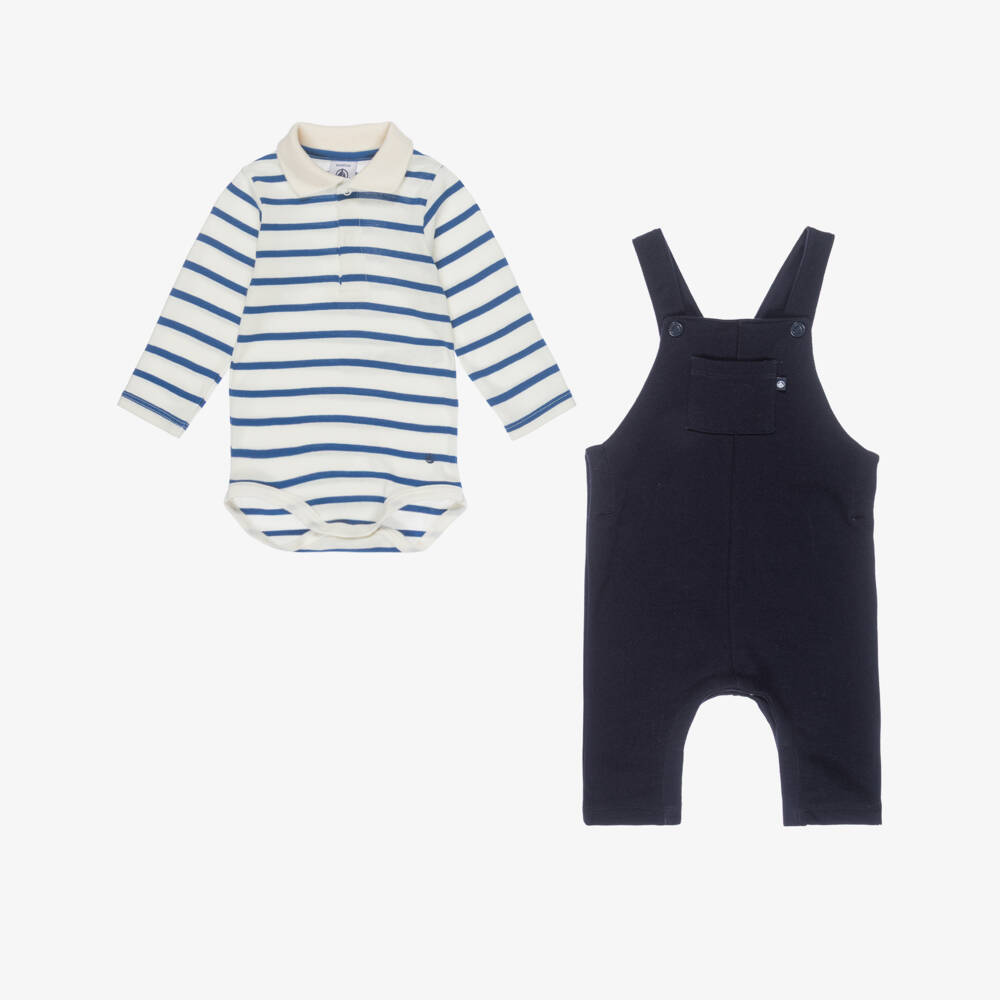 Petit Bateau-Boys Navy Blue & Ivory Striped Dungaree Set | Childrensalon