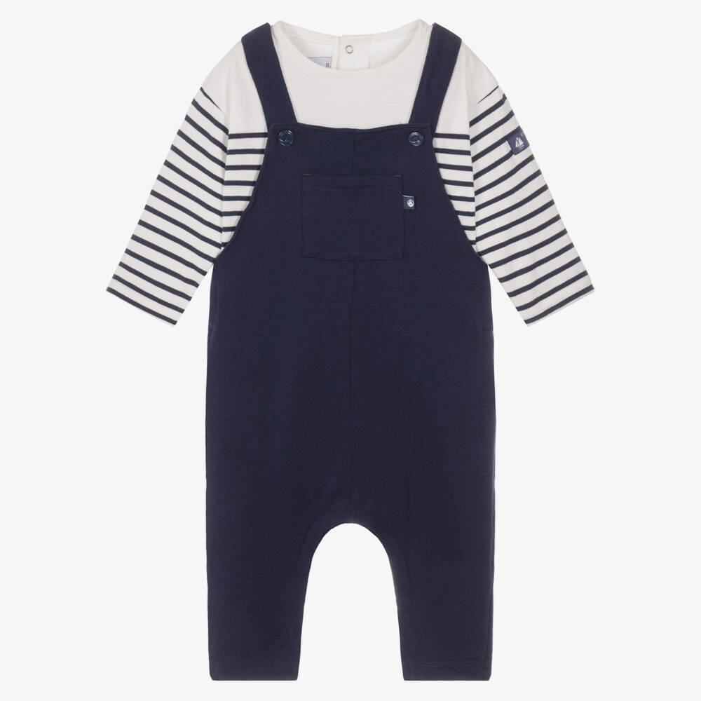 Petit Bateau-Boys Navy Blue Organic Cotton Dungaree Set | Childrensalon