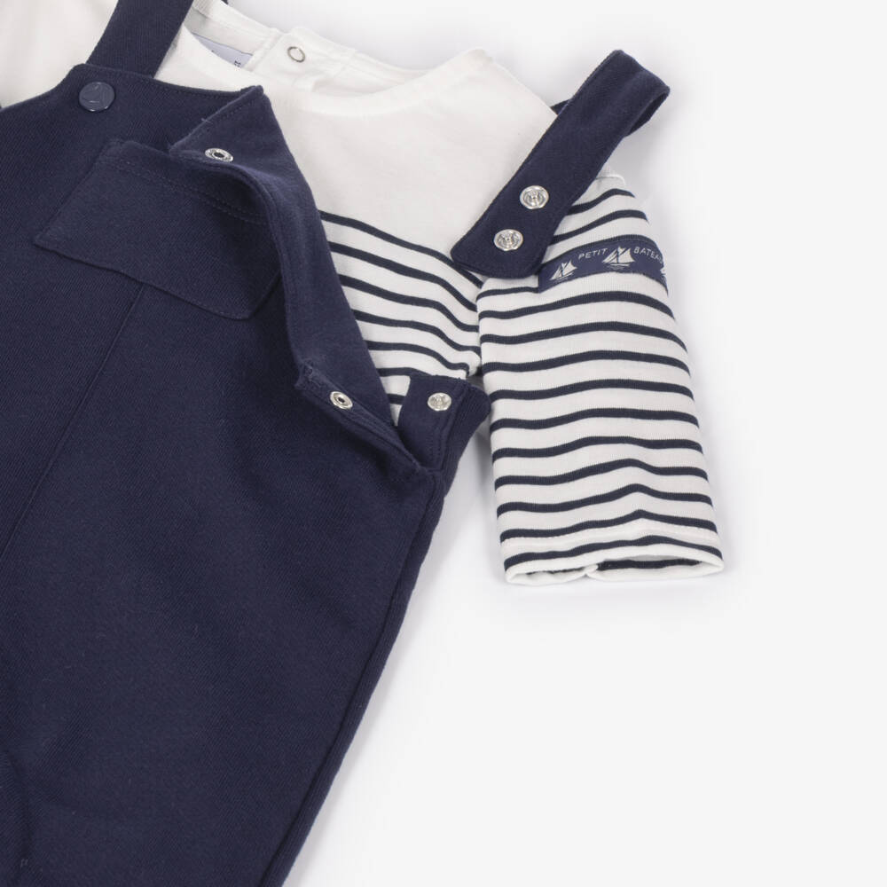 Petit Bateau-Boys Navy Blue Organic Cotton Dungaree Set | Childrensalon