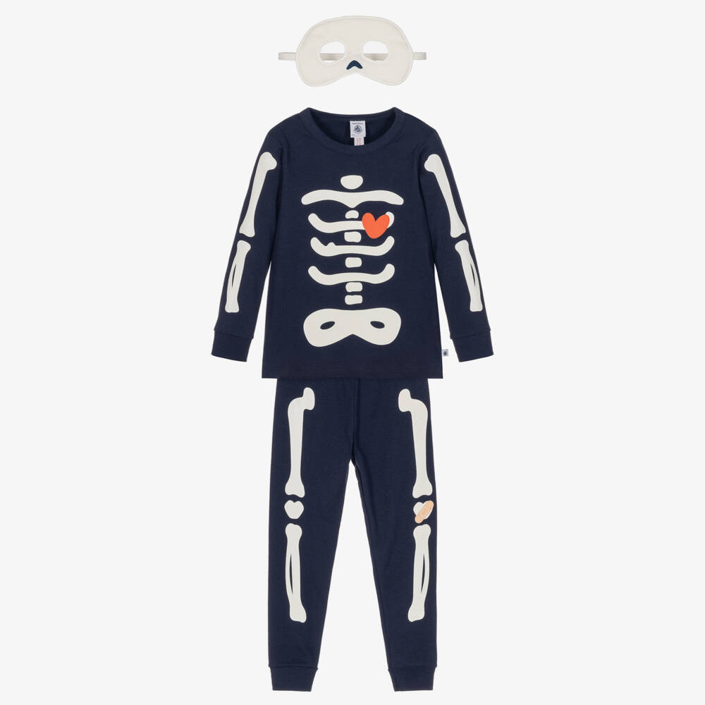 Petit Bateau-Boys Navy Blue Skeleton Print Pyjamas with Mask | Childrensalon
