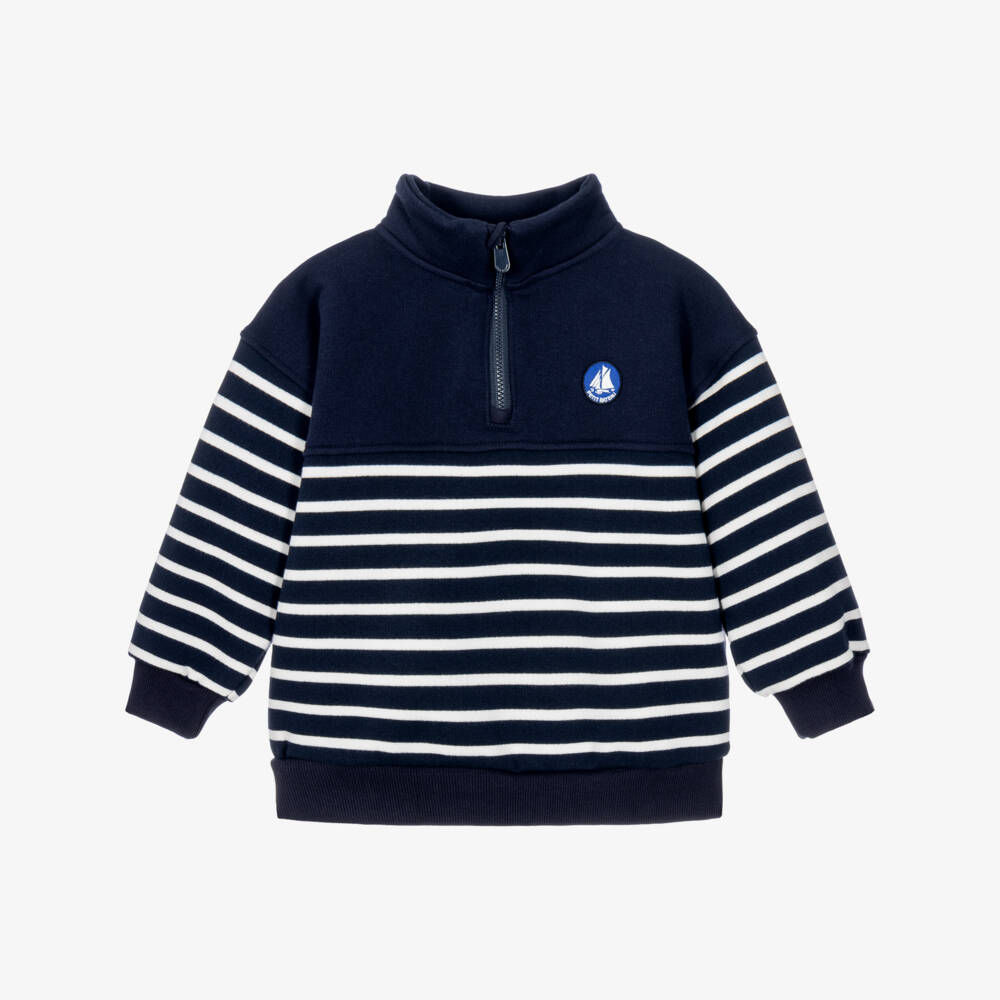 Petit Bateau-Boys Navy Blue Striped Sweatshirt with Quarter Zip | Childrensalon