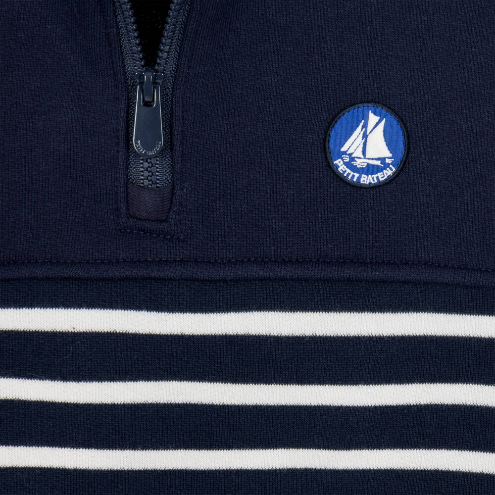 Petit Bateau-Boys Navy Blue Striped Sweatshirt with Quarter Zip | Childrensalon