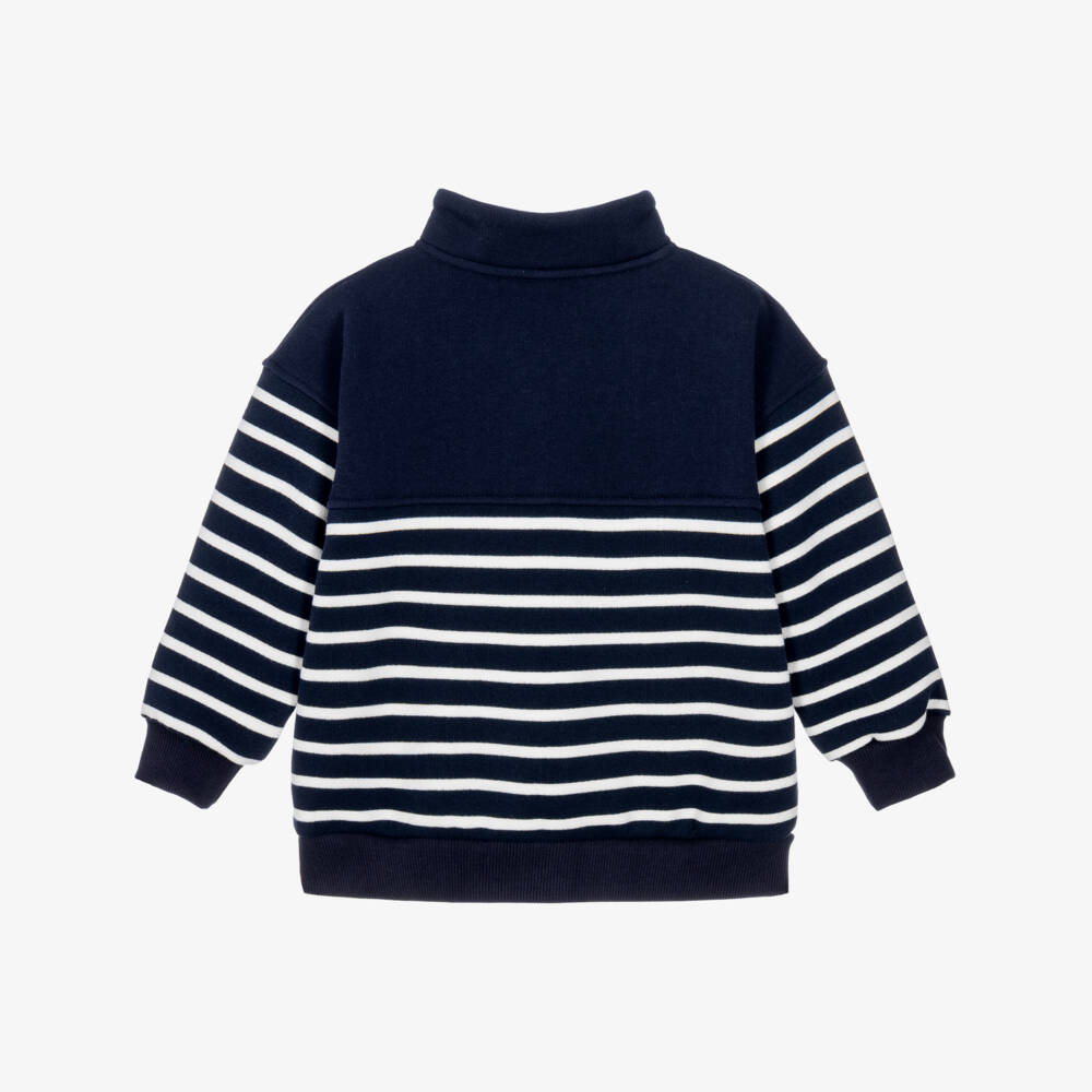 Petit Bateau-Boys Navy Blue Striped Sweatshirt with Quarter Zip | Childrensalon