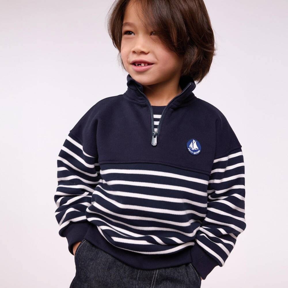 Petit Bateau-Boys Navy Blue Striped Sweatshirt with Quarter Zip | Childrensalon